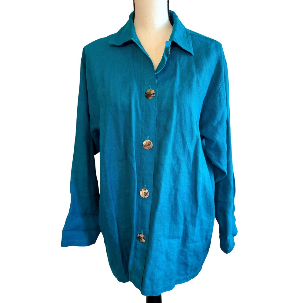 What's Up Tunic‎ Womens Medium Teal Linen Blouse Loose Long Sleeve Vintage 80s